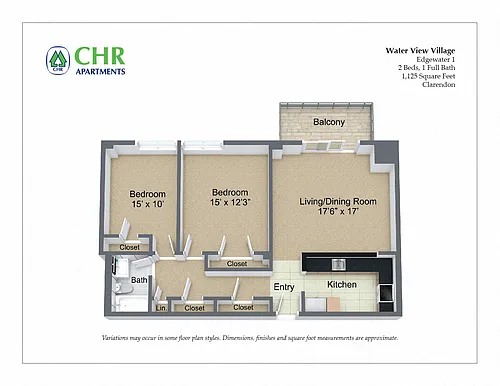 Floor plan 2 Bed/1 Bath with Balcony