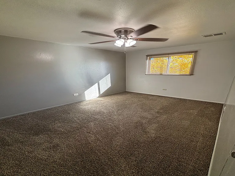 Bright and cozy bedroom with soft carpeting, elegant ceiling fan, and ample natural light from a large window.