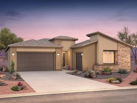 The Patagonia elevation C offers a modern look with slanted tile roof and added stone exterior.