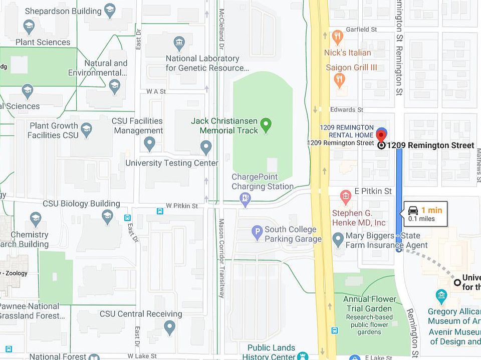 Directly ACROSS College Ave. from MAIN CSU CAMPUS and ONE BLOCK to School of Music and Art Center