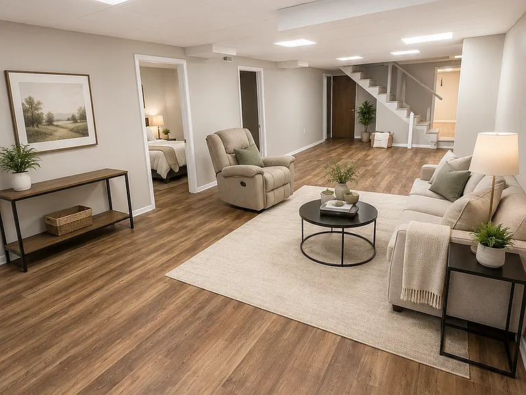 Basement shown with furniture