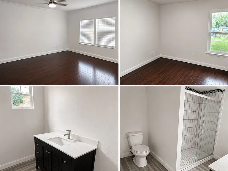 Spacious, light-filled living room perfect for entertaining, a versatile second bedroom ideal as a home office or guest room, and a clean modern bathroom with standing shower, all move-in ready in South Austin, TX.