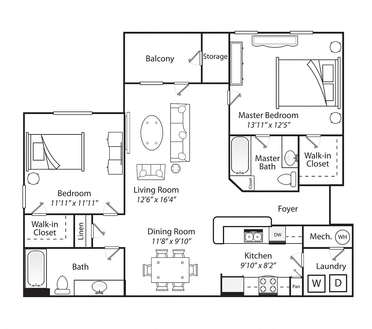Floor plan Two Bed Two Bath MKT