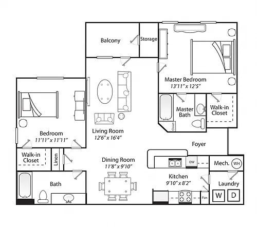 Floor plan Two Bed Two Bath MKT