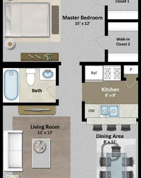 1 Bed 1 Bath H Floorplan Diagram