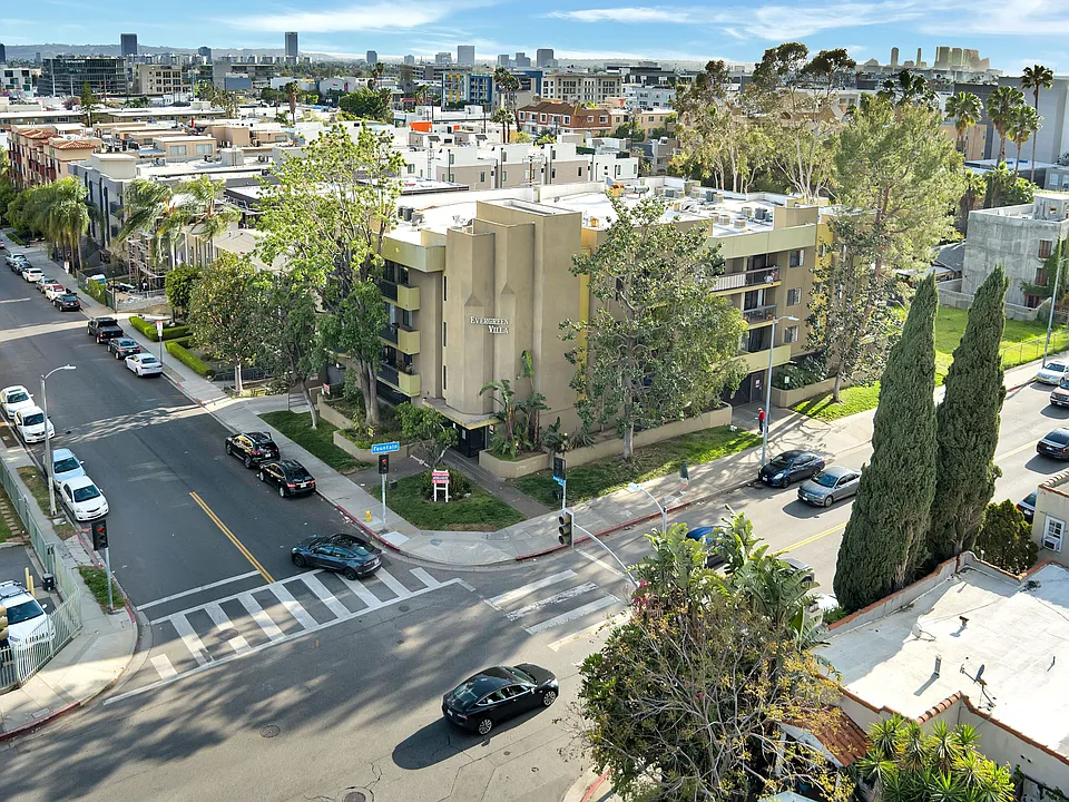 Aerial view of building. Located on the corner of Fountain Ave. & Orange Dr.