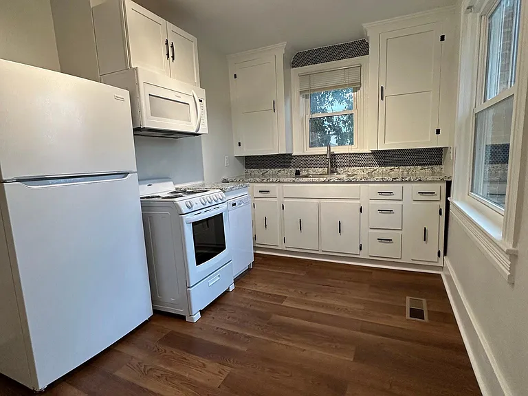 Your brand new kitchen complete with dishwasher, microwave, hardwood floors and new lighting