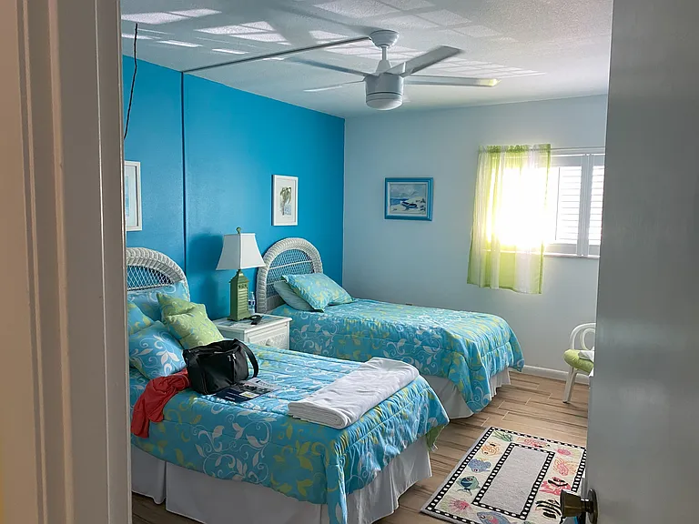 2 twin beds in the guest room with its own TV.