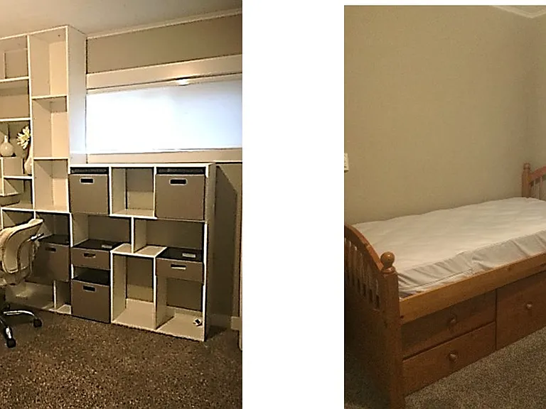 Small bedroom with built-in wall unit. Only $600/month + utilities. Single bed with additional storage below. Dresser and closet on other side or room.