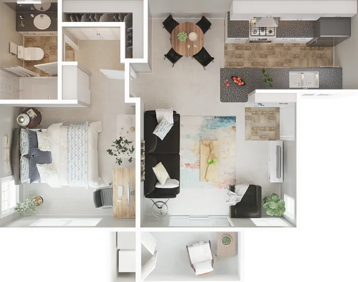 1 Bed 1 Bath Floorplan Diagram