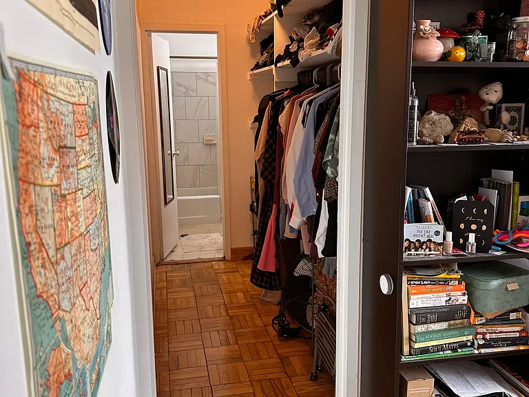 A closet view as decorated by a past tenant.