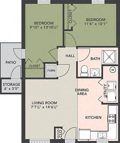Floor plan 2-Bed, 1-Bath