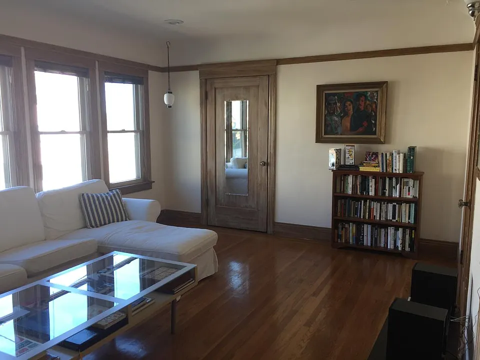 Living room with large walk in closet