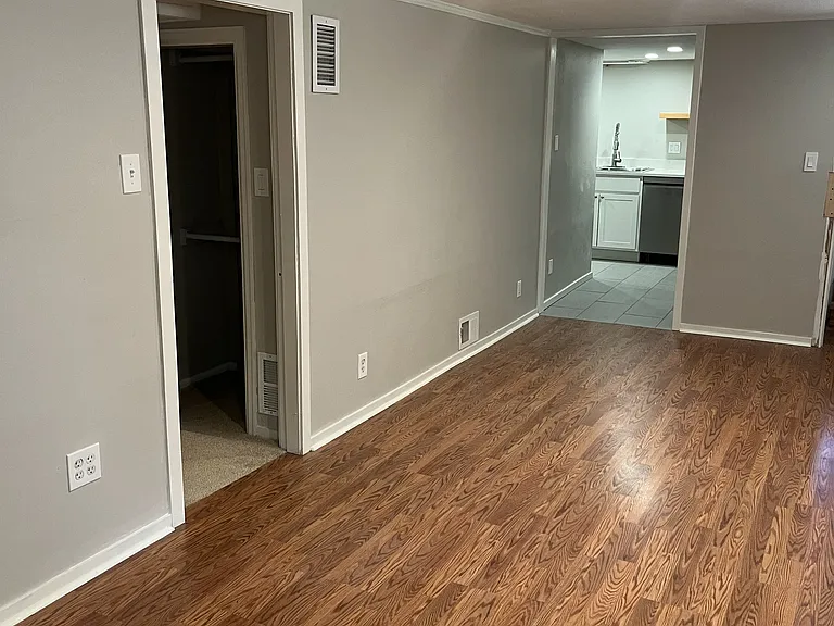 Living room view, facing the bedroom and kitchen