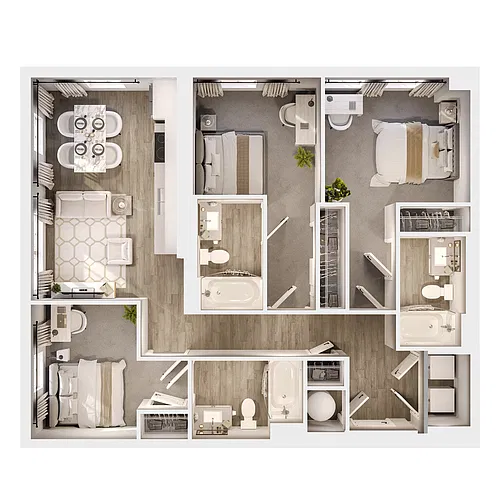 Floor plan Three Bedroom D - IU Bloomington 2027 - 2028