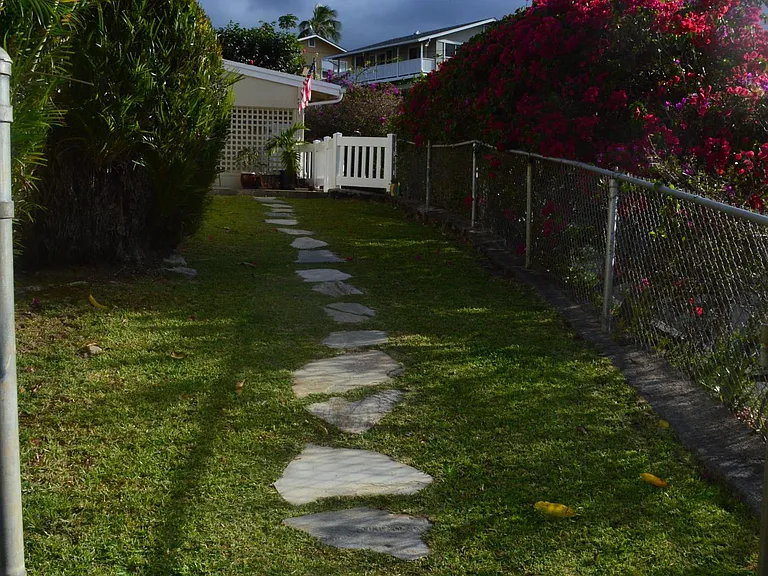stone path to fenced in yard w/mango tree