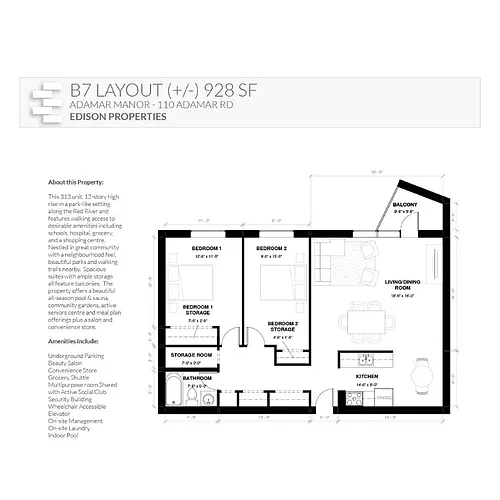 Floor plan 2 Bedroom 1 Bath (2Bed1Bath-B7)