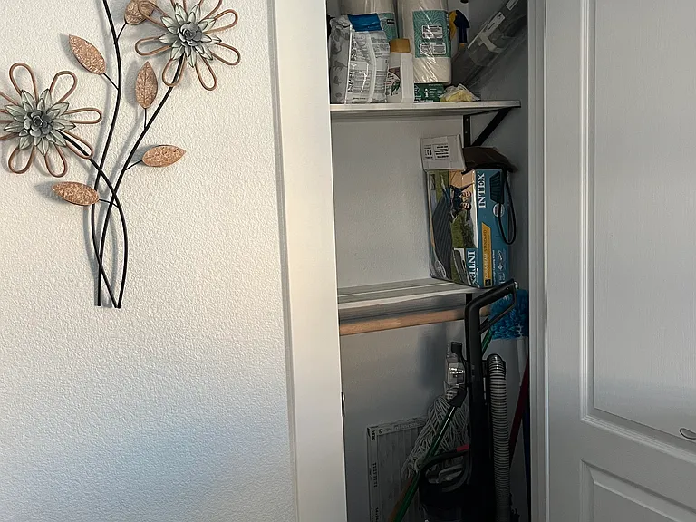 Little closet for extra storage or perhaps for larger cleaning supplies/appliances that couldn't fit under the sink or on the shelves above the washing machine.