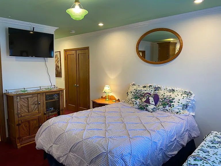 Studio offers a 4' wide Oak Wardrobe Closet, 40" Samsung Smart TV, WiFi, & blue ray DVD Player inside a vintage Stained Glass Oak Cabinet