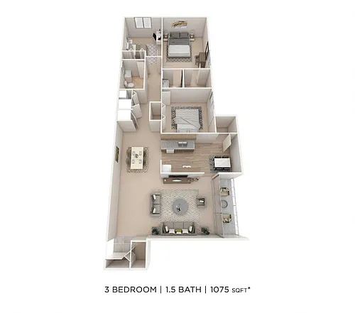 Floor plan Three Bedroom 1.5 Bath - 1,075 sqft