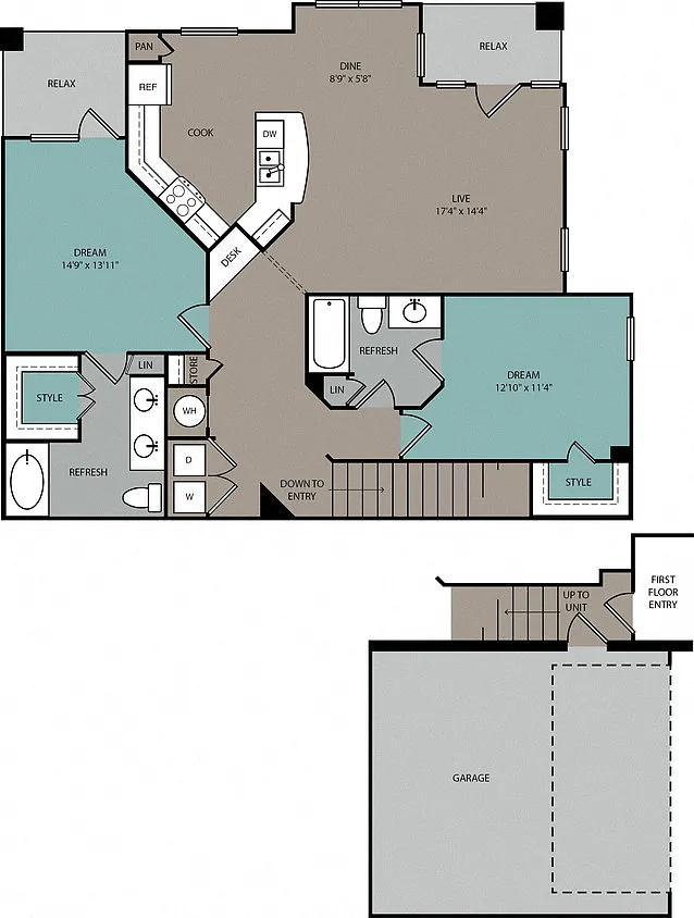 Floor plan THB2U 2B Upper Townhome 2C Garage