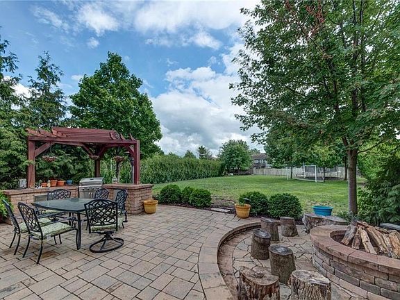 AMAZING back patio living area w/ fire pit, kitchen, and GORGEOUS landscaping looking out to HUGE backyard.