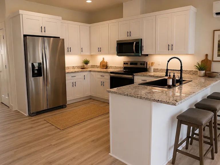 Stainless appliances, quartz countertops and undermount lighting to make the kitchen luxury!
Images are rendered with AI to show potential layout and staging.