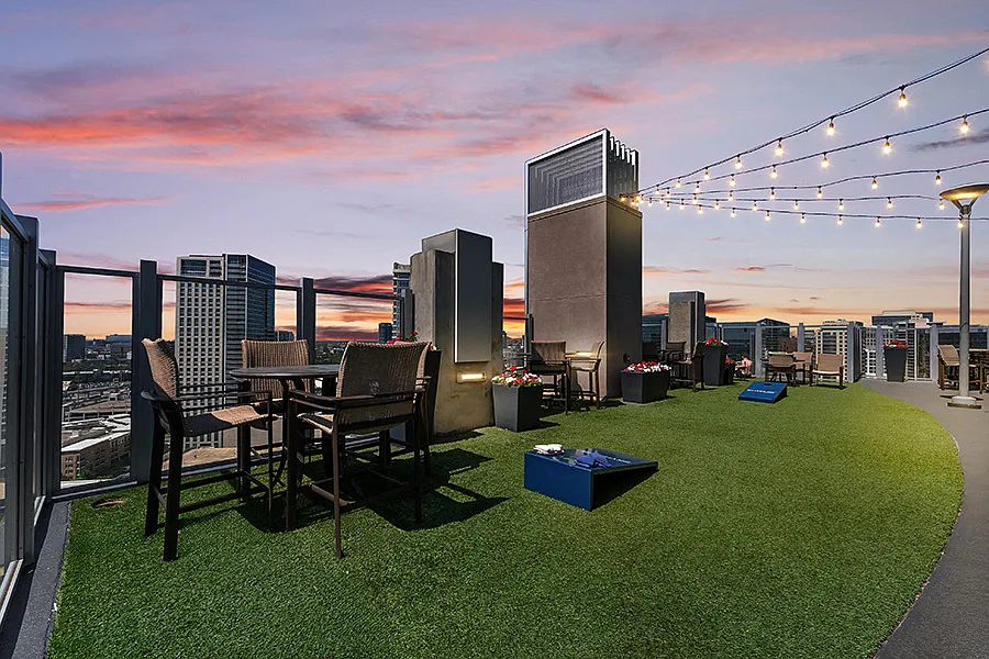 Enjoy a game of cornhole on the SkyDeck rooftop