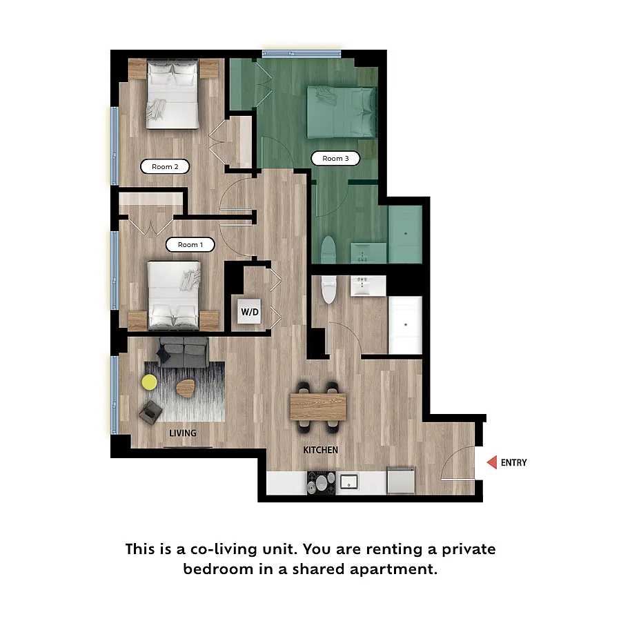 Floor plan Private Bed in a 3 Bed 2 Bath A - RM3-Private Bath