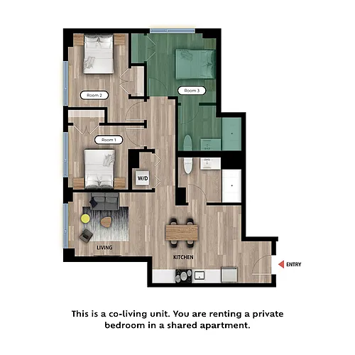 Floor plan Private Bed in a 3 Bed 2 Bath A - RM3-Private Bath
