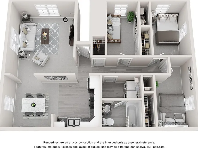 A 3D floor plan rendering of The Pioneer