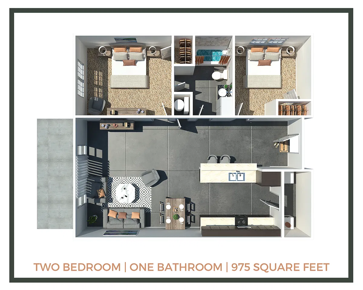Floor plan 2 Bed + 1 Bath | 975 Sq Ft