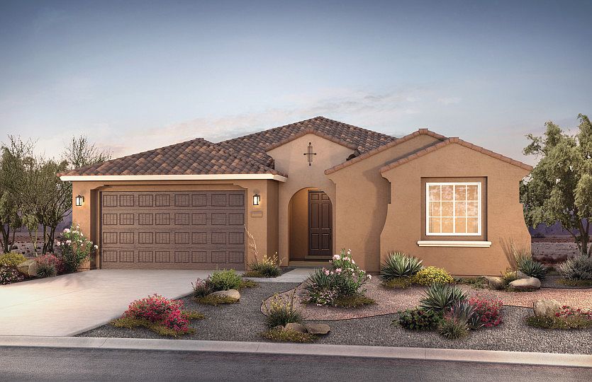 Exterior rendering of the Parklane in home design A. This design features a three car garage.