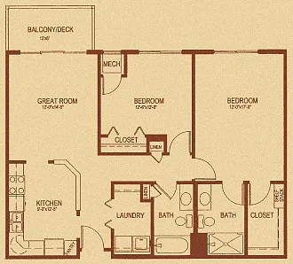 Floor plan Pine - Two Bedroom-Two Bath