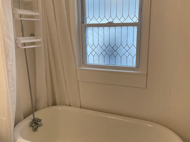 claw foot tub, shower, frosted window