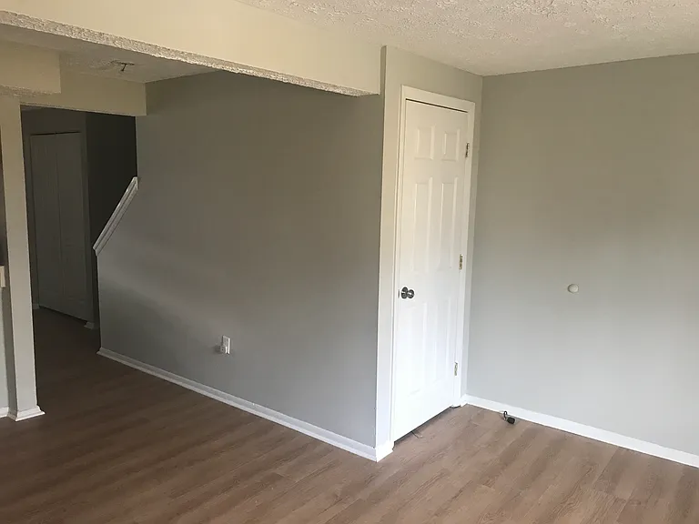 Living room, door going to basement and back of stairs going up to the bedrooms
