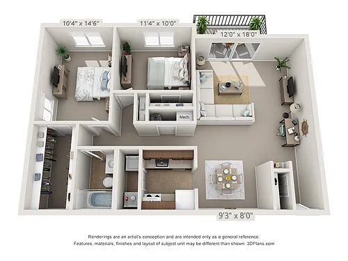 Floor plan Oak2 Bedroom 1 Bath w/Patio (W/D Conn.)