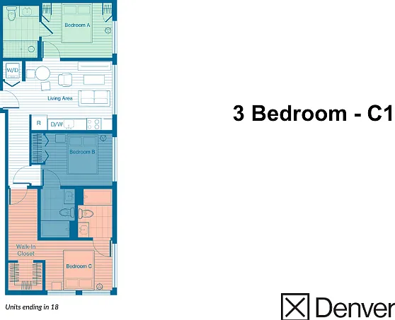 3 Bedroom Layout: C1, units ending in 18 3 Bedroom Layout: C1, units ending in 18