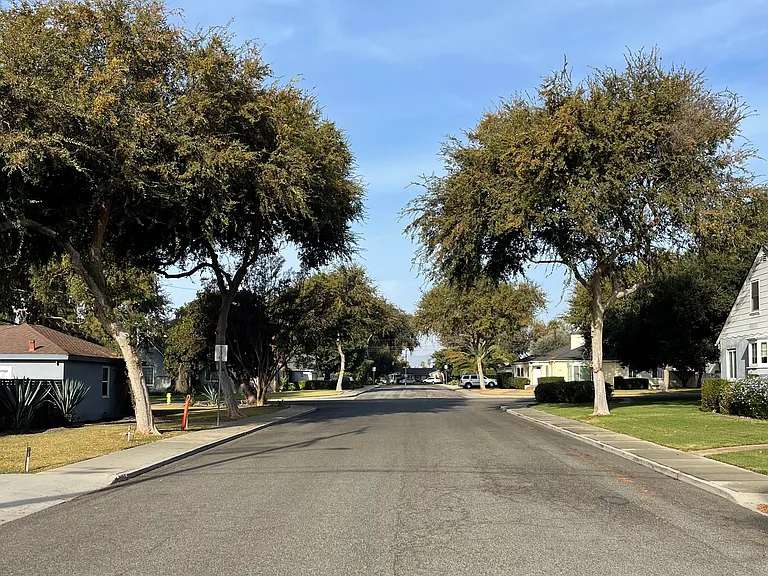 Peaceful, tree-lined neighborhood with ample street parking.