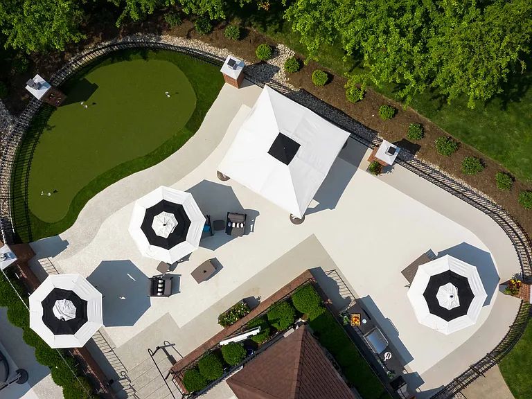Aerial view of putting green and lounge space