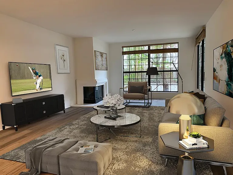 Spacious living rooom with fireplace. Floorplan D