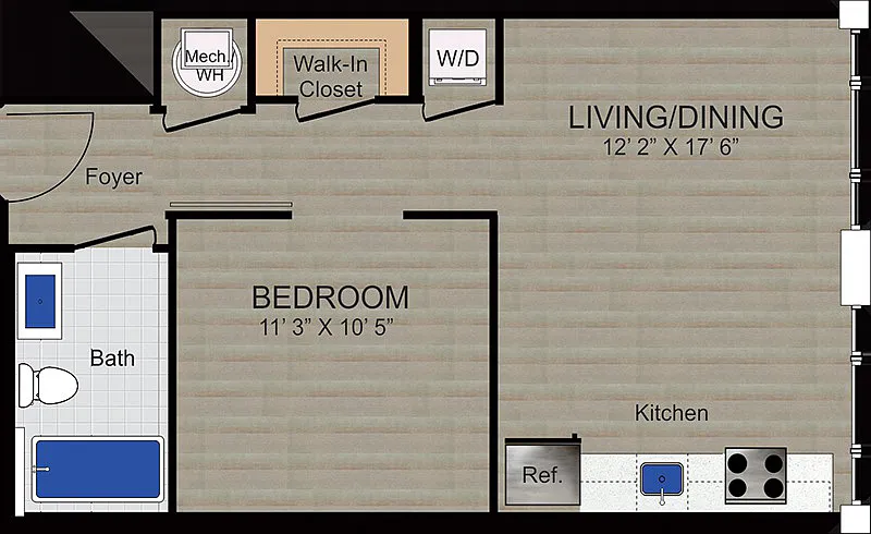 Floor plan 1Bd-1Ba-Tier 10