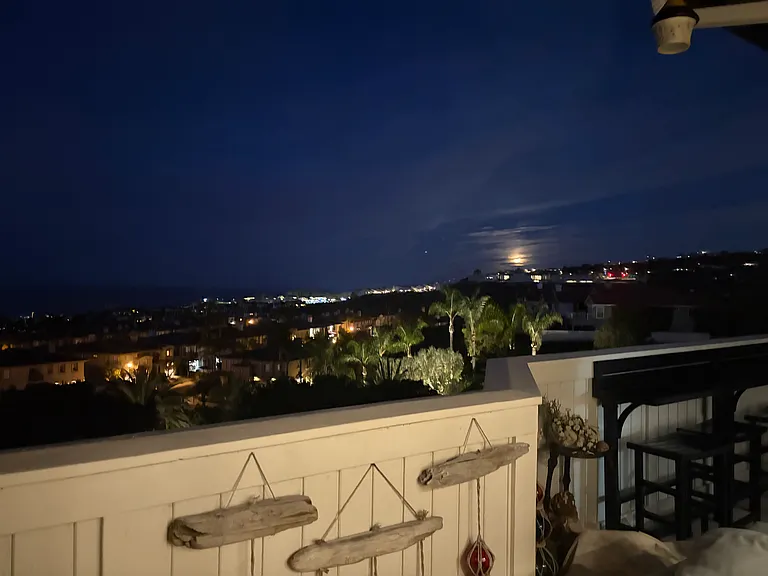Glowing moon peeks through the clouds;palm-fringed city lights. Private Balcony.