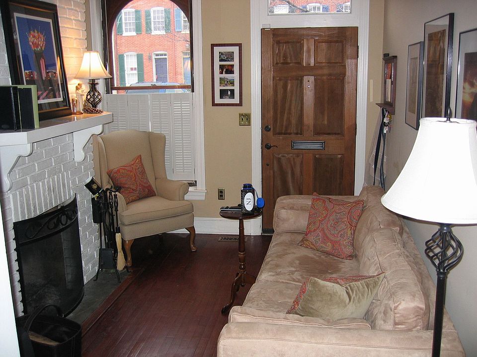 Living room with working fireplace.