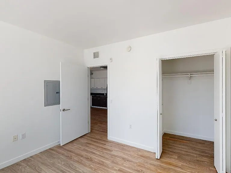 Spacious apartment bedroom with large closet and wood-style flooring.