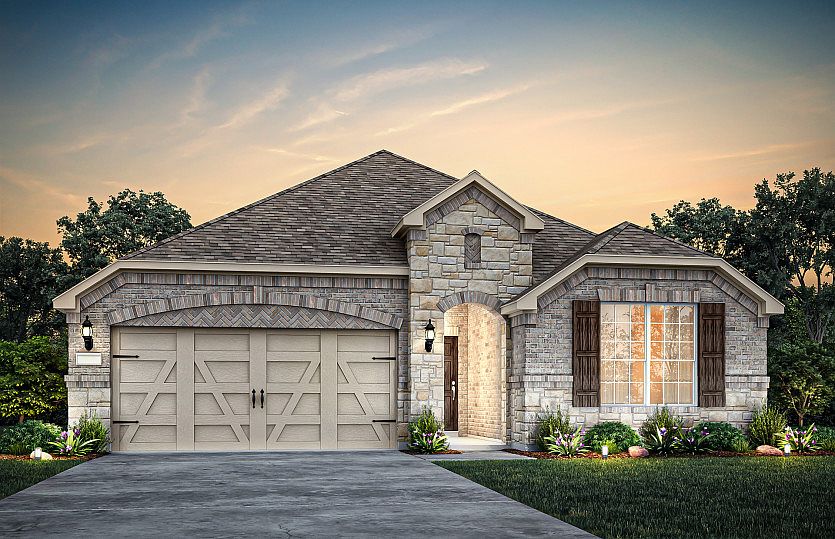 The Bell, a one-story home with 2-car garage, shown with Home Exterior C