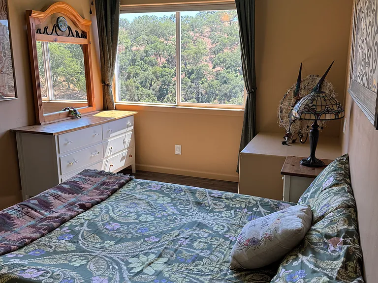 upstairs bedroom with a view of the 200 acre forest. Lay in bed and watch the red tail hawks and turkey vultures fly by the window