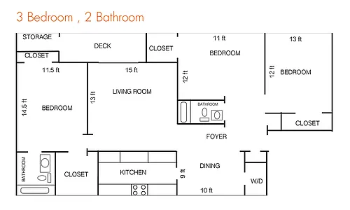 Floor plan 3 Bedroom 2 Bath
