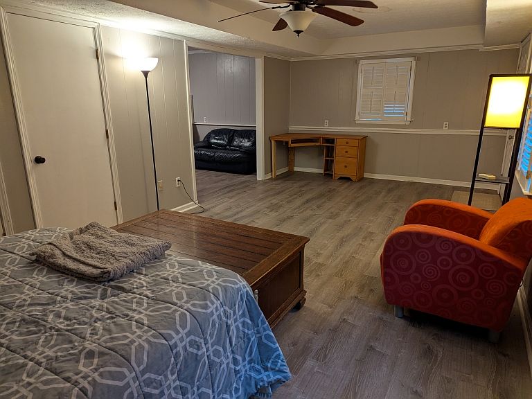 Very spacious master bedroom, office nook in back corner, private entrance form back yard is in the right corner.