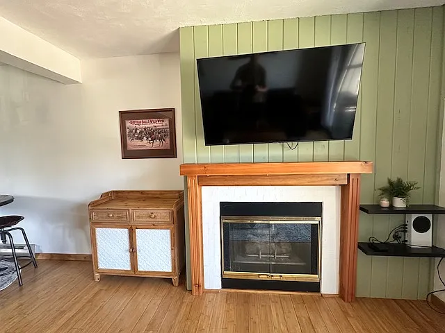 View from couch of gas fireplace and smart TV